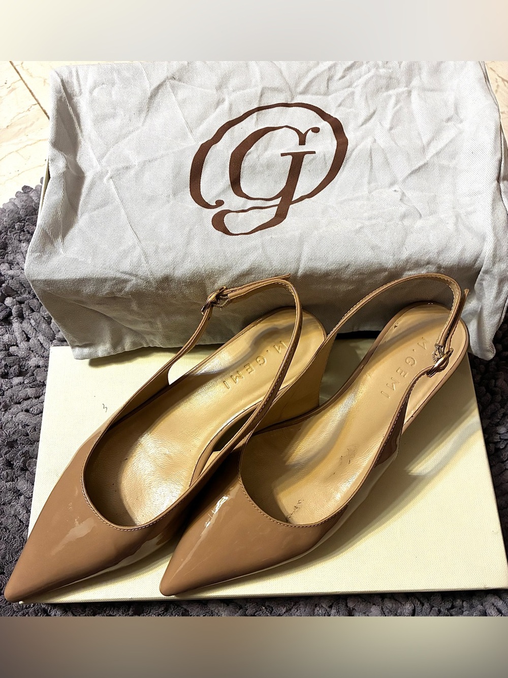 M. Gemi Lisinda Tan Patent Leather Slingback Kitten Heels